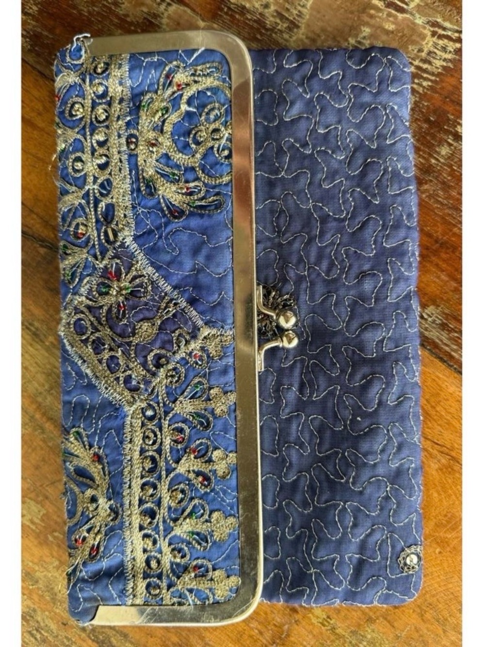 Boho Quilted Blue Kiss Lock Clutch Embroidered Artisan Festival Wallet Purse